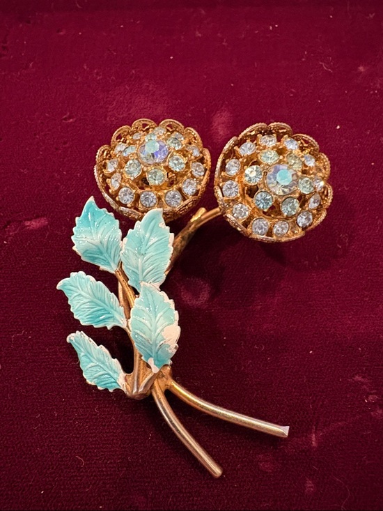 Jewelry - Gold-Tone Floral Brooch with Turquoise Enamel Leaves and Crystal Centers
